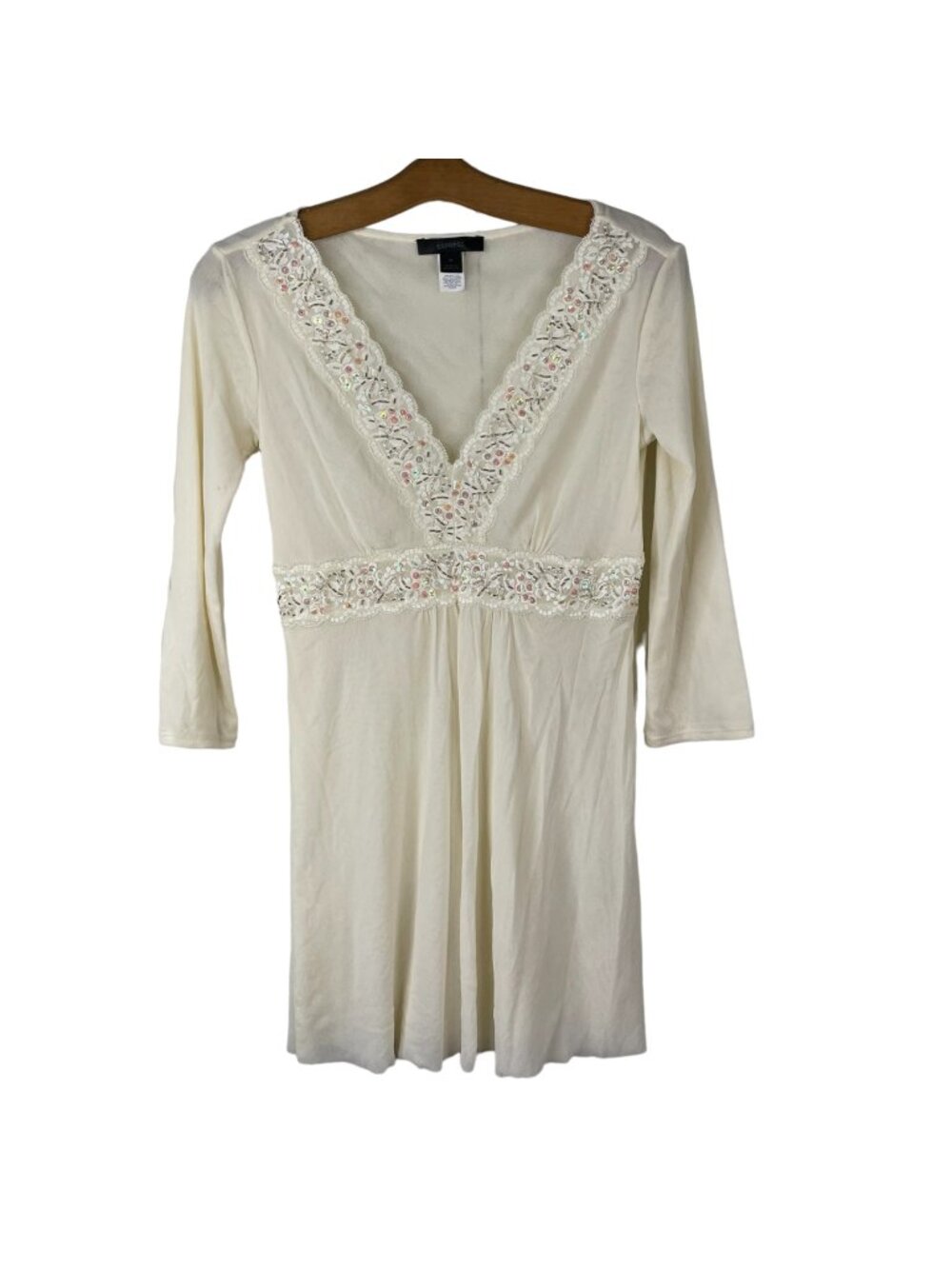 Express Babydoll Top Medium Y2K Beaded Sequin Tunic Top 3/4 Sleeve Cream Fairy